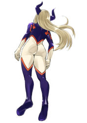 Rule 34 | 10s, 1girl, arms at sides, artist request, ass, blonde hair, bodysuit, boku no hero academia, butt crack, female focus, floating hair, from behind, gloves, horns, long hair, mount lady, simple background, skin tight, solo, standing, superhero costume, thighhighs, white background