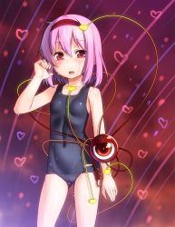Rule 34 | 1girl, bad id, bad pixiv id, blush, breasts, cover, cover page, eyeball, female focus, hairband, heart, heart-shaped pupils, heart of string, komeiji satori, okina ika, one-piece swimsuit, pink hair, red eyes, school swimsuit, shiny clothes, short hair, small breasts, solo, swimsuit, symbol-shaped pupils, third eye, touhou, water, wet, wet clothes