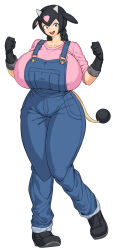 Rule 34 | 1girl, animal ears, black hair, blue eyes, braid, breasts, covered erect nipples, cow girl, creatures (company), curvy, denim, fist pump, full body, game freak, gen 2 pokemon, gigantic breasts, gloves, highres, horns, legs together, long hair, looking at viewer, miltank, nintendo, open mouth, overalls, personification, pink shirt, pokemon, pokemon tail, shirt, simple background, smile, solo, spacezin, standing, tail, teeth, thick thighs, thighs, tongue, twin braids, white background, wide hips