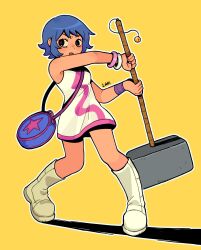 Rule 34 | 1girl, artist name, bag, black eyes, blue hair, boots, breasts, commentary, dress, english commentary, full body, hammer, highres, looking at viewer, medium breasts, official alternate costume, open mouth, ramona flowers, scott pilgrim (series), short hair, solo, war hammer, weapon, white background, yellow background, yuyu uu27