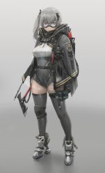 Rule 34 | 1girl, absurdres, armor, armored boots, axe, black thighhighs, blush, boots, breasts, buckle, canister, cape, cloak, emblem, fire extinguisher, firefighter, free style (yohan1754), full body, gas mask, goggles, gradient background, grey background, grey hair, grey leotard, grey thighhighs, hair between eyes, highres, holding, holding axe, honeycomb (pattern), honeycomb print, hood, hood down, hooded cloak, knee pads, large breasts, leotard, long hair, looking at viewer, mask, original, red eyes, see-through, side ponytail, sidelocks, single knee pad, skindentation, snap-fit buckle, solo, standing, strap, thigh strap, thighhighs, thighs, translucent, unworn mask