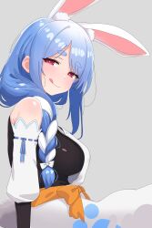 Rule 34 | 1girl, :q, absurdres, animal ear fluff, animal ears, apron, bare shoulders, black bodysuit, blue hair, blush, bodysuit, bodysuit under clothes, braid, breasts, detached sleeves, highres, hololive, large breasts, licking lips, long hair, looking at viewer, mature female, mingkozus, multicolored hair, pekomama, rabbit ears, rabbit girl, red eyes, short eyebrows, sideboob, smile, solo, tail, thick eyebrows, tongue, tongue out, two-tone hair, virtual youtuber, white apron, white hair