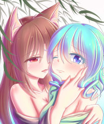 Rule 34 | 2girls, animal ears, bare shoulders, blue eyes, blue hair, blush, breasts, brown hair, colored eyelashes, dior-zi, fins, hand on another&#039;s face, head fins, highres, imaizumi kagerou, japanese clothes, long hair, long sleeves, monster girl, multiple girls, off shoulder, open mouth, red eyes, short hair, smile, touhou, wakasagihime, wolf ears, yuri