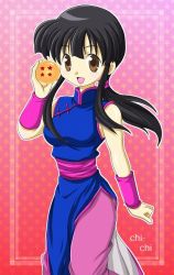 Rule 34 | 1girl, black hair, brown eyes, chi-chi (dragon ball), china dress, chinese clothes, dragon ball, dragon ball (object), dress, female focus, kenjou mizuki, long hair, looking at viewer, mikutuchi, open mouth, ponytail, red background, smile, solo, standing