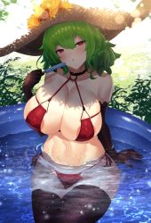 Rule 34 | 1girl, absurdres, bikini, black choker, black gloves, black thighhighs, breasts, choker, cleavage, commentary request, day, elbow gloves, flower, food, gloves, green hair, hat, hat flower, highres, holding, holding food, huge breasts, kazami yuuka, looking at viewer, medium hair, navel, outdoors, popsicle, red bikini, red eyes, side-tie bikini bottom, sinkai, sitting, solo, straw hat, summer, sunflower, swimsuit, thighhighs, touhou, wading pool, water, wet