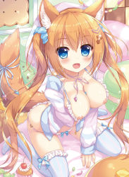 Rule 34 | 1girl, :d, ameto yuki, animal ear fluff, animal ears, ass, bed sheet, between breasts, between legs, blue bow, blue eyes, blush, bow, bow legwear, bow panties, bra, bra pull, breasts, butt crack, cat ears, cat girl, cat tail, clothes pull, collarbone, dengeki moeou, fang, frilled bra, frilled panties, frills, from above, hair between eyes, hair ornament, hair scrunchie, hairclip, hand between legs, hand up, highres, indoors, large breasts, long hair, long sleeves, looking at viewer, nail polish, neck ribbon, nipples, on bed, open clothes, open mouth, open shirt, orange hair, original, panties, pillow, pink bra, pink nails, pink panties, pink ribbon, ribbon, scrunchie, shirt, sitting, sleeves past wrists, smile, solo, striped clothes, striped thighhighs, tail, tail ornament, tail ribbon, thighhighs, twintails, underwear, underwear only, vertical-striped clothes, vertical-striped thighhighs, very long hair, wariza