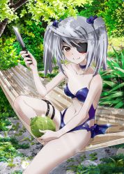 Rule 34 | 1girl, absurdres, artist request, blue one-piece swimsuit, breasts, casual one-piece swimsuit, cleavage, coconut, cowboy shot, eyepatch, grey hair, hammock, highres, hunting knife, infinite stratos, itting, laura bodewig, long hair, looking at viewer, nature, navel, official art, one-piece swimsuit, red eyes, small breasts, smile, solo, sparkle, strapless, strapless one-piece swimsuit, swimsuit, third-party source, twintails