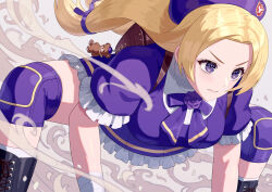 Rule 34 | 1girl, backpack, bag, black footwear, blonde hair, boots, breasts, closed mouth, commentary, cross-laced footwear, dress, frills, hair ribbon, highres, knee boots, knee pads, kneehighs, lace-up boots, long hair, low twintails, medium breasts, puffy short sleeves, puffy sleeves, purple dress, purple eyes, purple ribbon, ribbon, serious, shijou hinako, short sleeves, smoke, socks, solo, squatting, stuffed animal, stuffed toy, teddy bear, the king of fighters, twintails, white socks, yagi2013
