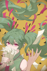 Rule 34 | 1girl, collared shirt, covering own mouth, falling, floating hair, green hair, hatsune miku, highres, holding, holding paper, long hair, looking at viewer, mousou zei (vocaloid), nail polish, necktie, paper, pink eyes, shirt, signature, sleeveless, sleeveless shirt, solo, twintails, very long hair, vocaloid, wanoka 04