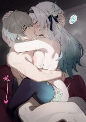 Rule 34 | 1boy, 1girl, absurdres, aqua hair, aqua thighhighs, black ribbon, black thighhighs, breast press, breasts, caelus (honkai: star rail), closed eyes, couch, firefly (honkai: star rail), french kiss, from side, gradient hair, gradient thighhighs, grey hair, hair ribbon, hairband, heart, hetero, highres, honkai: star rail, honkai (series), hug, indoors, kiss, large breasts, long hair, looking at viewer, multicolored hair, nude, on couch, open mouth, ribbon, sex, shirotategosha, short hair, sitting, straddling, thighhighs, tongue, tongue out, trailblazer (honkai: star rail), translation request, two-tone hair, upright straddle, yellow eyes