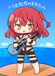 Rule 34 | 1girl, :d, bare shoulders, barefoot, black choker, blue sky, blush, bocchi the rock!, chibi, choker, cloud, collarbone, commentary request, day, electric guitar, full body, green eyes, guitar, hair between eyes, hana kazari, highres, holding, holding instrument, horizon, hot limit, instrument, kita ikuyo, long hair, ocean, one side up, open mouth, outdoors, red hair, revealing clothes, sky, smile, solo, translation request, water