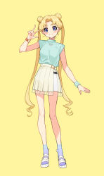Rule 34 | 1girl, absurdres, bishoujo senshi sailor moon, blue eyes, blue shirt, blush, closed mouth, commentary request, crescent, crescent earrings, double bun, earrings, female focus, full body, hair bun, hand up, highres, jewelry, long hair, parted bangs, pleated skirt, purple socks, sandals, shirt, simple background, skirt, smile, socks, solo, standing, tsukino usagi, twintails, very long hair, w, white footwear, white skirt, yellow background, yuu (higashi no penguin)