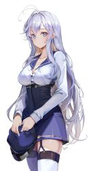 Rule 34 | 86 -eightysix-, a (sofi3103), absurdres, blue eyes, breasts, commentary request, grey eyes, grey hair, hat, high-waist skirt, highres, holding, holding clothes, holding hat, korean commentary, large breasts, long hair, long sleeves, looking at viewer, partially unbuttoned, shirt, skirt, smile, solo, thighhighs, unworn hat, unworn headwear, very long hair, vladilena millize, white background, white hair, zettai ryouiki