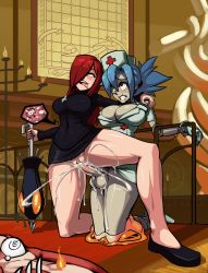 Rule 34 | 1futa, 1girl, ahegao, bandages, blue hair, blush, bottomless, boxman, breasts, cleavage, clothed sex, cuffs, cum, cum in pussy, cum overflow, dress, erection, futa with female, futanari, handcuffs, highres, kneeling, large breasts, large penis, multiple girls, no panties, nurse, orgasm, parasoul (skullgirls), penis, pussy, red eyes, red hair, restrained, rolling eyes, sex, skullgirls, tongue, tongue out, uncensored, undead, vaginal, valentine (skullgirls), veins, veiny penis