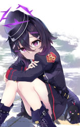 Rule 34 | 1girl, bad id, bad twitter id, belt pouch, blue archive, commentary request, doll, garrison cap, gloom (expression), hair between eyes, hair ornament, hairclip, halo, haruka (blue archive), hat, knees to chest, knees together feet apart, military, military hat, military uniform, pouch, purple eyes, purple hair, signature, simple background, sitting, smoke, solo, uniform
