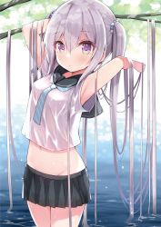 Rule 34 | 1girl, armpits, breasts, highres, long hair, necktie, no panties, school uniform, siragagaga, skirt, solo, tagme, twintails, very long hair, water, wet, wet clothes