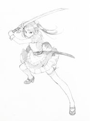 Rule 34 | 1girl, action, apron, bad id, bad twitter id, bow, frilled skirt, frills, full body, graphite (medium), greyscale, hair bow, high heels, highres, iwato1712, katana, looking at viewer, maid, maid apron, mary janes, monochrome, original, shoes, short sleeves, simple background, skirt, smile, solo, sword, thighhighs, traditional media, twintails, unsheathed, weapon, white background, wrist cuffs