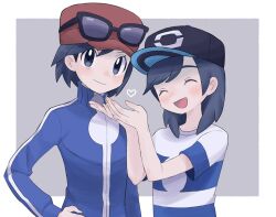 Rule 34 | 2boys, :d, baseball cap, black hair, black headwear, blue jacket, border, calem (pokemon), closed mouth, commentary request, creatures (company), cupping hands, elio (pokemon), game freak, grey background, hand on own hip, hands up, hat, heart, highres, jacket, male focus, medium hair, multiple boys, nintendo, open mouth, own hands together, pokemon, pokemon sm, pokemon xy, red headwear, sana (37pisana), shirt, short hair, short sleeves, smile, striped clothes, striped shirt, t-shirt, turtleneck, turtleneck jacket, white border, zipper pull tab