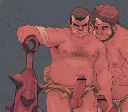 Rule 34 | 2boys, abs, afro, animal print, bar censor, bara, beard, belly, big nose, brown hair, censored, clothing aside, club, club (weapon), colored skin, cowboy shot, erection, facial hair, fat, fat man, foreskin, full beard, fundoshi, fundoshi aside, girthy penis, handjob, highres, horns, japanese clothes, koto (32456033), large pectorals, large penis, leg hair, loincloth, looking at viewer, male focus, male pubic hair, mature male, multiple boys, muscular, muscular male, navel, navel hair, nipples, oni, original, pectorals, penis, print loincloth, pubic hair, red oni, red skin, seductive smile, short hair, sideburns, single horn, smile, sparse chest hair, spiked club, stomach, strongman waist, testicle hair, tiger print, topless male, tusks, weapon, yaoi