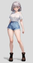 Rule 34 | 1girl, absurdres, alternate costume, arm at side, arm behind back, bare shoulders, blue shorts, bluefield, blush, boots, braid, breasts, brown footwear, cutoffs, denim, denim shorts, french braid, full body, glasses, green eyes, grey background, grey hair, highres, hololive, large breasts, looking at viewer, off shoulder, open mouth, semi-rimless eyewear, shadow, shirogane noel, shirt, shirt tucked in, short hair, short sleeves, shorts, single bare shoulder, sitting, smile, solo, standing, under-rim eyewear, virtual youtuber, white shirt, work boots