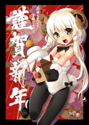 Rule 34 | 1girl, bare shoulders, black gloves, black pantyhose, blonde hair, breasts, chinese zodiac, cleavage, framed, gloves, happy new year, horns, kagami mochi, katahira masashi, leotard, long hair, new year, nontraditional playboy bunny, open mouth, original, outside border, pantyhose, playboy bunny, scrunchie, sheep horns, sheep tail, smile, solo, tail, twintails, very long hair, year of the goat