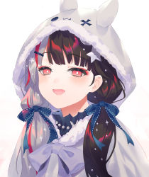 Rule 34 | 1girl, :d, animal ears, animal hood, black hair, blue bow, blush, bow, capelet, commentary request, fake animal ears, fur-trimmed hood, fur trim, grey capelet, grey hair, hair bow, hair ornament, hairclip, hood, hood up, hooded capelet, long hair, low twintails, mosomoso, multicolored hair, nijisanji, open mouth, red eyes, red hair, simple background, smile, solo, split-color hair, streaked hair, twintails, two-tone hair, upper body, virtual youtuber, white background, yorumi rena, yorumi rena (3rd costume)