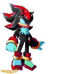 Rule 34 | 1boy, animal nose, artist name, bracelet, clenched hand, closed mouth, full body, furry, furry male, gloves, highres, jewelry, male focus, red eyes, shadow the hedgehog, shoes, simple background, solo, sonic (series), werfmight, white background, white gloves