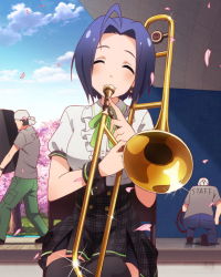 Rule 34 | 10s, 1girl, 2boys, ahoge, artist request, black thighhighs, blue hair, cherry blossoms, closed eyes, earrings, idolmaster, idolmaster (classic), idolmaster million live!, instrument, jewelry, miura azusa, multiple boys, official art, thighhighs, trombone