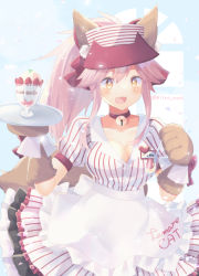 Rule 34 | 1girl, animal ear fluff, animal ears, animal hands, apron, bell, bow, breasts, character name, cleavage, clothes writing, collar, collarbone, dress, fang, fate/extra, fate/grand order, fate (series), food, fox ears, fox girl, fox tail, gloves, hair between eyes, hair bow, highres, hiiro yuya, ice cream, jingle bell, large breasts, long hair, looking at viewer, lostroom outfit (fate), neck bell, open mouth, paw gloves, pink hair, ponytail, puffy short sleeves, puffy sleeves, red bow, short sleeves, sidelocks, smile, solo, striped clothes, striped dress, sundae, tail, tamamo (fate), tamamo cat (fate), visor cap, white apron, yellow eyes