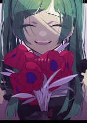 Rule 34 | 1girl, absurdres, blunt bangs, closed eyes, commentary request, flower, gradient background, green hair, hatsune miku, highres, holding, holding flower, long hair, looking at viewer, nekoma hikaru, open mouth, parasite (vocaloid), red flower, sidelocks, simple background, smile, solo, tearing up, teeth, translated, twintails, upper body, upper teeth only, vocaloid