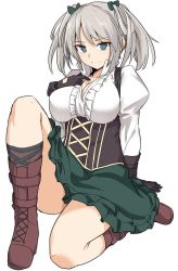 Rule 34 | 1girl, belt boots, black bow, black gloves, blue eyes, boots, bow, breasts, character cutout, check copyright, ciel alencon, cleavage, collarbone, commentary request, copyright request, cross-laced footwear, gloves, god eater, hair bow, knee boots, lace-up boots, large breasts, long sleeves, looking at viewer, medium hair, puffy sleeves, ribbon, shiseki hirame, silver hair, simple background, sitting, socks, solo, twintails, white background