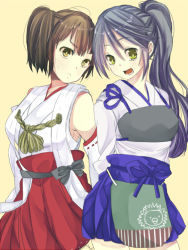 Rule 34 | 2girls, bare shoulders, black hair, brown hair, cosplay, costume switch, detached sleeves, green eyes, haruna (kancolle), japanese clothes, kaga (kancolle), kantai collection, long hair, looking at viewer, multiple girls, muneate, open mouth, personification, short hair, side ponytail, simple background, tsumugi touto