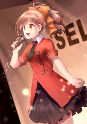 Rule 34 | 1girl, brown eyes, brown hair, highres, holding, holding microphone, long hair, microphone, miyama suzune, music, necktie, open mouth, ponytail, selection project, singing, smile, solo, sparkle, standing