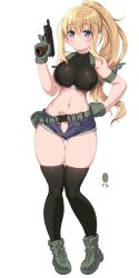 Rule 34 | armband, artist request, belt, blonde hair, blue eyes, boots, breasts, gloves, gun, large breasts, midriff, navel, no panties, open clothes, open shorts, original, ponytail, shorts, thighhighs, weapon