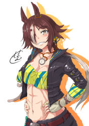 Rule 34 | 1girl, abs, animal ears, arm belt, bandeau, belt, belt buckle, black jacket, blush, breasts, brown eyes, brown hair, buckle, cleavage, commentary request, diagonal stripes, drop shadow, ear ornament, grin, hair over one eye, hands on own hips, head tilt, horse ears, horse girl, jacket, large breasts, light brown hair, long sleeves, looking at viewer, midriff, multicolored hair, navel, nokishita kumoemon, open clothes, open jacket, signature, simple background, sleeve cuffs, smile, solo, stomach, striped, striped bandeau, two-tone hair, umamusume, unbuckled, upper body, vodka (umamusume), white background, yellow bandeau