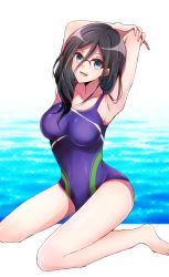 Rule 34 | 1girl, blue eyes, breasts, competition swimsuit, glasses, hibike! euphonium, highres, large breasts, one-piece swimsuit, pool, sae (renkyuuake), smile, solo, stretching, swimsuit, tanaka asuka