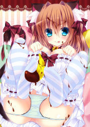 Rule 34 | 1girl, :q, animal ears, banana, bell, blue eyes, blue thighhighs, breasts, brown hair, cat ears, cat tail, chocolate, chocolate on foot, cleavage, collar, dress, feet, food, frilled thighhighs, frills, fruit, green panties, heart, heart-shaped pupils, highres, legs up, neck bell, no shoes, ooji cha, original, panties, paw pose, red eyes, ribbon, soles, solo, striped clothes, striped thighhighs, symbol-shaped pupils, tail, tail ornament, tail ribbon, thighhighs, tongue, tongue out, underwear