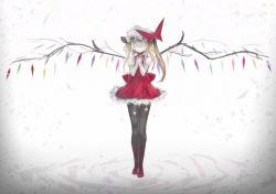 Rule 34 | 1girl, black pantyhose, blonde hair, bow, closed eyes, dress, flandre scarlet, full body, gradient background, hat, hat bow, holding hands, long hair, mary janes, mob cap, own hands together, pantyhose, puffy sleeves, shoes, short sleeves, side ponytail, solo, touhou, wings, yuxyon