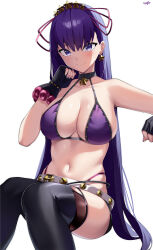 Rule 34 | 1girl, absurdres, bb (fate), bb (fate) (all), bb (swimsuit mooncancer) (fate), bb (swimsuit mooncancer) (second ascension) (fate), belt, black nails, black thighhighs, breasts, closed mouth, earrings, fate/grand order, fate (series), fingerless gloves, gloves, hair ornament, highres, jewelry, kurozawa yui, large breasts, long hair, looking at viewer, nail polish, navel, panty straps, purple eyes, purple hair, sitting, skindentation, smile, solo, star (symbol), star earrings, star hair ornament, stomach, straight hair, thighhighs, very long hair, white background, white belt