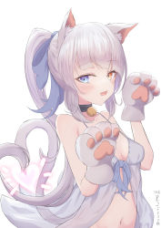 Rule 34 | :3, :d, absurdres, animal ear fluff, animal ears, animal hands, babydoll, bare arms, bare shoulders, belly, black choker, blue bow, blue eyes, blush, bow, breasts, cat ears, cat girl, cat tail, choker, cleavage, commission, fang, from side, gloves, hair bow, hands up, heart, heterochromia, highres, lingerie, long hair, looking at viewer, medium breasts, navel, neck bell, open mouth, orange eyes, paw gloves, paw pose, ponytail, shirousagi (sirousagi1998), simple background, skeb commission, slit pupils, smile, spaghetti strap, tail, tail raised, underwear, upper body, white babydoll, white background, white hair
