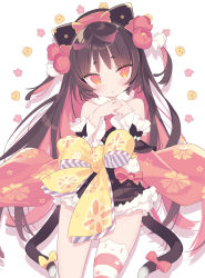 Rule 34 | 1girl, animal ear legwear, blade (galaxist), blush, bow, cat ear legwear, colored inner hair, flower, hair flower, hair ornament, hands up, highres, long hair, looking at viewer, multicolored hair, nekoyama nae, own hands together, parted lips, pink bow, pink flower, red eyes, single thighhigh, solo, tail, tail bow, tail ornament, thighhighs, toranoana, two side up, virtual youtuber, yellow bow