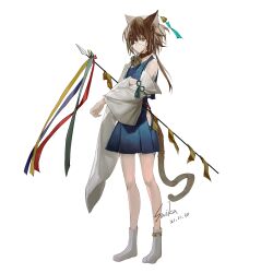 Rule 34 | 1girl, absurdres, animal ears, anklet, arm behind back, bell, blue dress, brown hair, brown ribbon, cat ears, cat girl, cat tail, character request, closed mouth, copyright request, cui (jidanhaidaitang), dated, detached sleeves, dress, eyepatch, full body, hair bell, hair ornament, highres, holding, holding polearm, holding weapon, jewelry, looking at viewer, orange eyes, polearm, purple ribbon, red ribbon, ribbon, ribbon-trimmed sleeves, ribbon trim, short hair, signature, simple background, single bare shoulder, sleeveless, sleeveless dress, slit pupils, socks, solo, standing, tachi-e, tail, weapon, white background, white sleeves, white socks, yellow ribbon