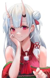 Rule 34 | 1girl, absurdres, bare shoulders, highres, hololive, horns, kaze 22, long hair, looking at viewer, nakiri ayame, simple background, skin-covered horns, smile, solo, virtual youtuber, white hair