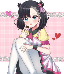Rule 34 | 1girl, api peko, apron, black hair, blue eyes, blush, bracelet, candy, chocolate, chocolate heart, creatures (company), earrings, eating, food, game freak, hair ornament, heart, highres, jewelry, legs, looking at viewer, marnie (pokemon), nintendo, open mouth, pantyhose, pink background, pokemon, pokemon masters ex, short hair, skirt, solo, twintails, white background, white pantyhose