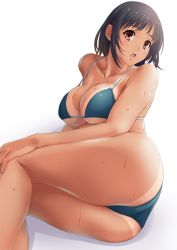 Rule 34 | 10s, 1girl, bikini, black hair, blush, breasts, cleavage, curvy, female focus, kantai collection, large breasts, looking at viewer, lying, on side, open mouth, red eyes, sakiyamama, short hair, simple background, solo, sweat, swimsuit, takao (kancolle), tan, tanline, thick thighs, thighs, wide hips