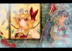 Rule 34 | 2girls, acrylic paint (medium), ascot, bad id, bad pixiv id, bat wings, blonde hair, bow, brooch, crystal, dress, flandre scarlet, flower, frilled sleeves, frills, hat, hat bow, hat ribbon, jewelry, letterboxed, light purple hair, looking outside, mob cap, multiple girls, painting (medium), pink dress, pointy ears, puffy short sleeves, puffy sleeves, qqqrinkappp, red bow, red eyes, red ribbon, remilia scarlet, ribbon, rose, short hair, short sleeves, siblings, side ponytail, sisters, skirt, skirt set, touhou, traditional media, window, wings