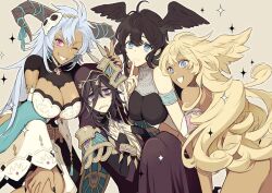 4girls bags_under_eyes black_hair black_nails blonde_hair blue_eyes blue_hair breasts bridal_gauntlets curly_hair dark-skinned_female dark_skin detached_sleeves fang feathered_wings fediel_(granblue_fantasy) frown granblue_fantasy hair_between_eyes halluel_(granblue_fantasy) head_wings hood hood_up horns kumoya_yukio large_breasts lich_(granblue_fantasy) long_hair malluel_(granblue_fantasy) multiple_girls pink_eyes purple_nails sharp_teeth skin_fang sleeveless small_sweatdrop smile sparkle teeth wings