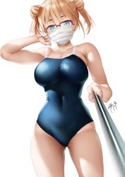 Rule 34 | 1girl, aqua eyes, blonde hair, blue one-piece swimsuit, breasts, covered navel, double bun, glasses, hair bun, highres, hoshizaki rika (kanojo mo kanojo), kanojo mo kanojo, large breasts, looking at viewer, mask, mouth mask, one-piece swimsuit, over-rim eyewear, red-framed eyewear, selfie, semi-rimless eyewear, short hair, short twintails, signature, simple background, solo, standing, swimsuit, thighs, twintails, white background, zasshu