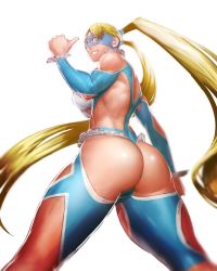 Rule 34 | 1girl, ass, ass cutout, bare shoulders, blonde hair, blue eyes, blurry, breasts, clothing cutout, depth of field, from behind, from below, heart, heart cutout, highres, hip focus, huge breasts, kasei yukimitsu, leotard, long hair, mask, parted lips, rainbow mika, shoulder cutout, simple background, solo, street fighter, street fighter v, thick thighs, thighs, twintails, very long hair, white background, wide hips, wrestling outfit
