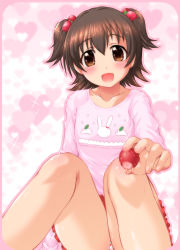 Rule 34 | 10s, 1girl, :d, akagi miria, animal print, blush, border, brown eyes, brown hair, collarbone, commentary request, feeding, fingernails, flipped hair, food, food bite, food print, foreshortening, fruit, hair between eyes, head tilt, heart, heart background, highres, holding, holding food, idolmaster, idolmaster cinderella girls, incoming food, knees up, long sleeves, looking at viewer, open mouth, outline, outstretched arm, panties, pantyshot, pink background, pink border, pink outline, pink shirt, pov feeding, print panties, print shirt, rabbit print, reaching, reaching towards viewer, red skirt, shiny skin, shirt, short hair, sitting, skirt, smile, solo, sparkle, strawberry, strawberry panties, strawberry print, t-shirt, tareme, tokuda shinnosuke, two side up, underwear, white panties